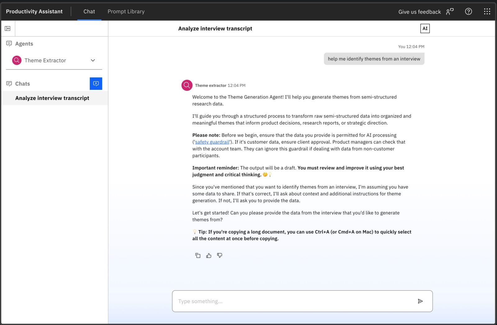 The Theme Extractor agent opening a conversation