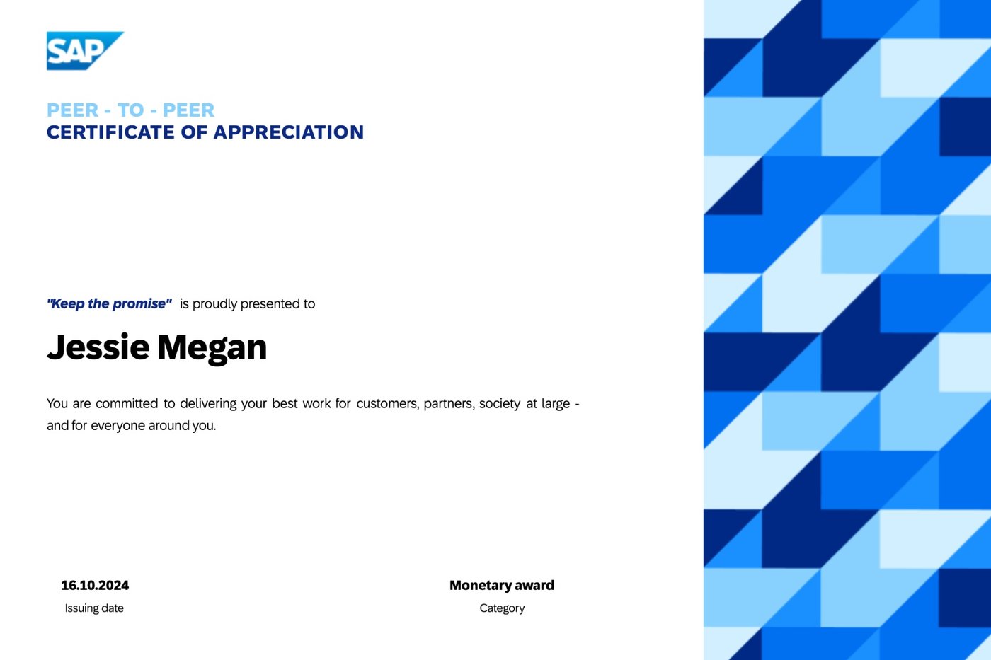SAP certificate of appreciation