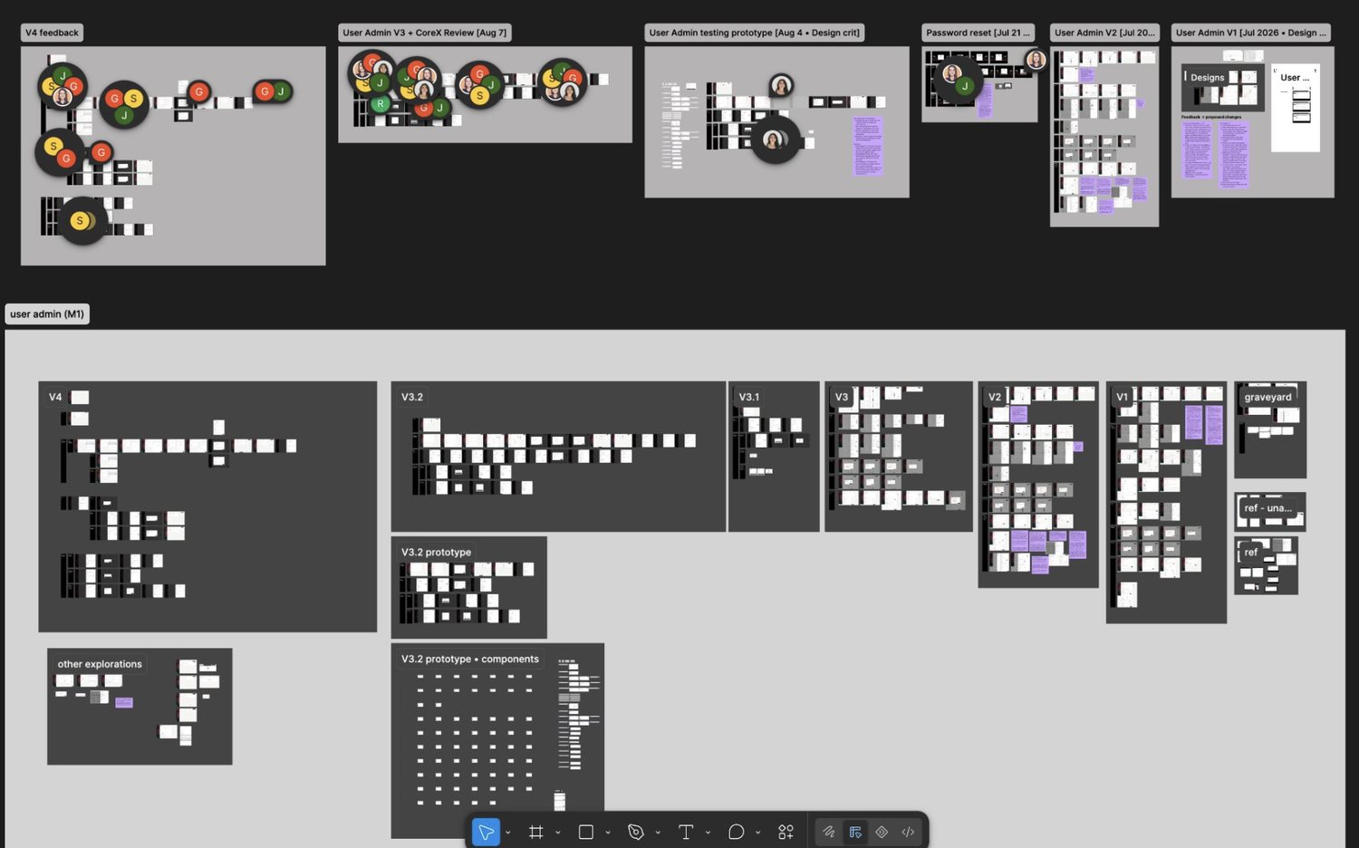 Figma canvas showing four rounds of iteration