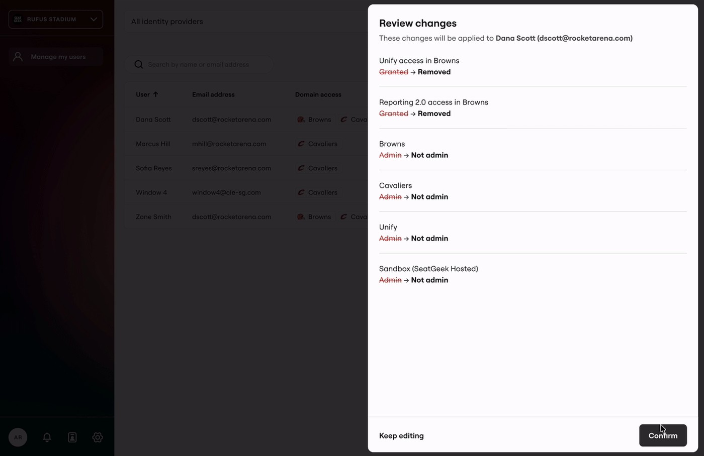 The review changes screen listing each permission before and after